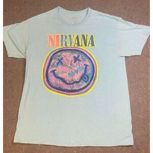 NIRVANA‎ Band Smiley Face NEVERMIND Graphic Shirt Mens Size LARGE light Blue